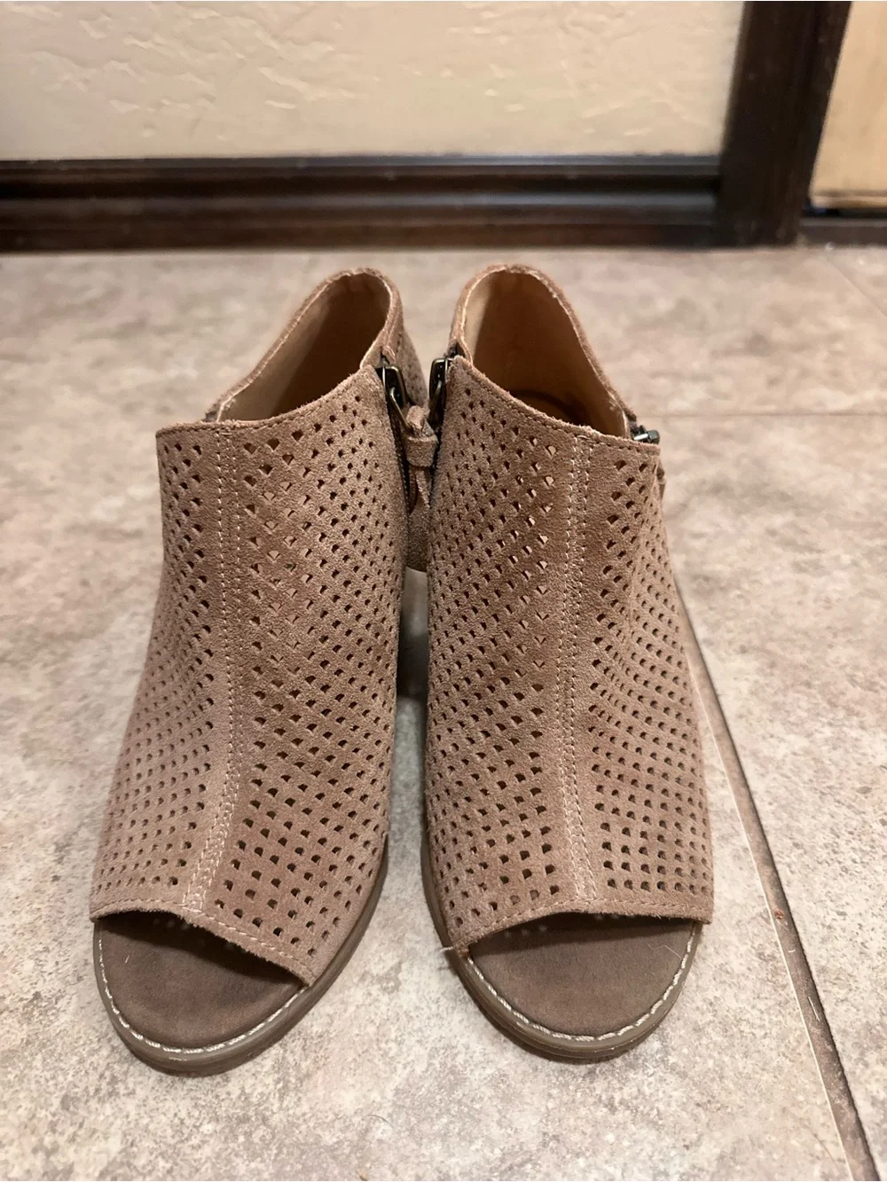 Lucky Brand Taupe Perforated Suede Wedge Booties with Side Bow